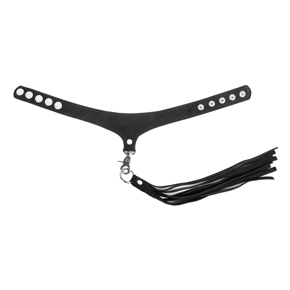 Rimba Bondage Play – Wildlederhalsband mit abnehmbarer Peitsche – Schwarz