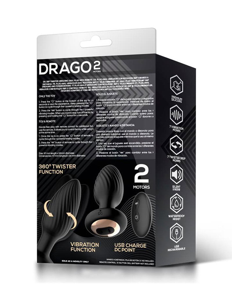 7: IY - Drago - Analplug mit Vibration, 360°-Drehbewegung und Fernbedienung - Schwarz