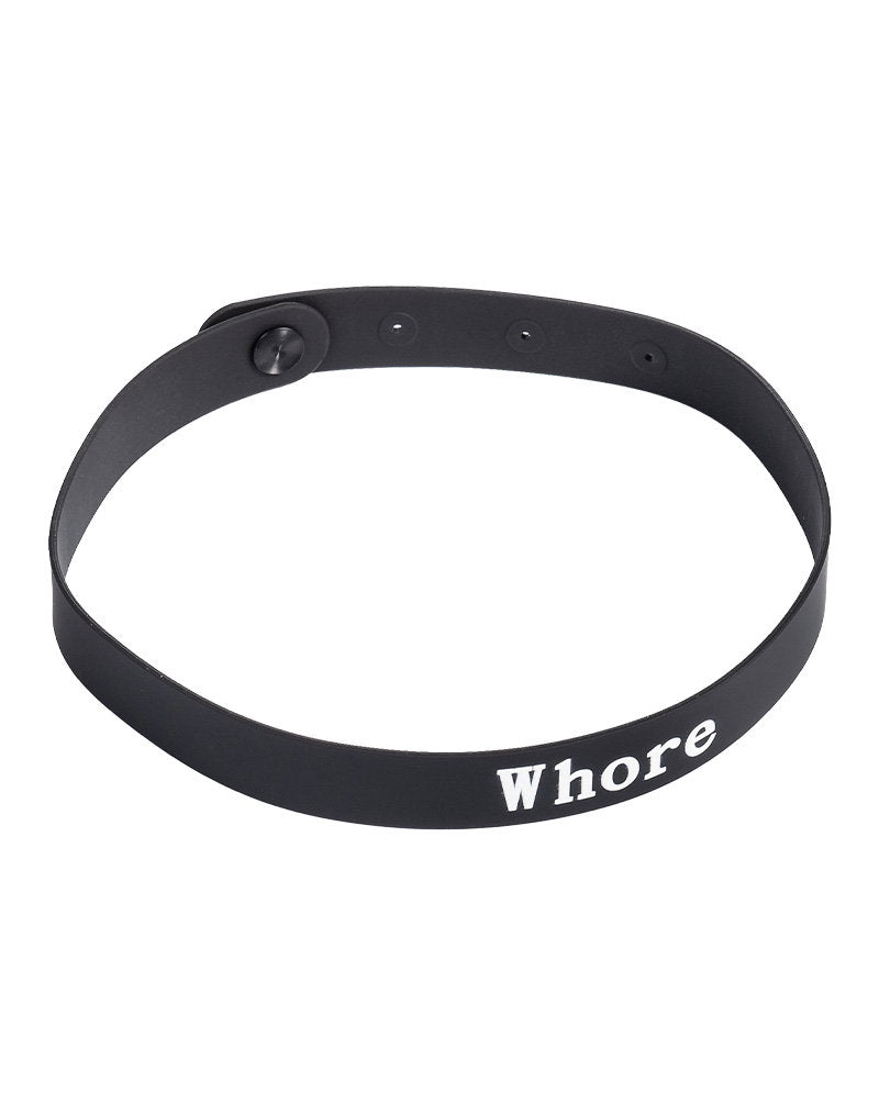 4: Rimba Latex Play - Halsband mit Aufschrift 'Whore' - Schwarz & Weiß
