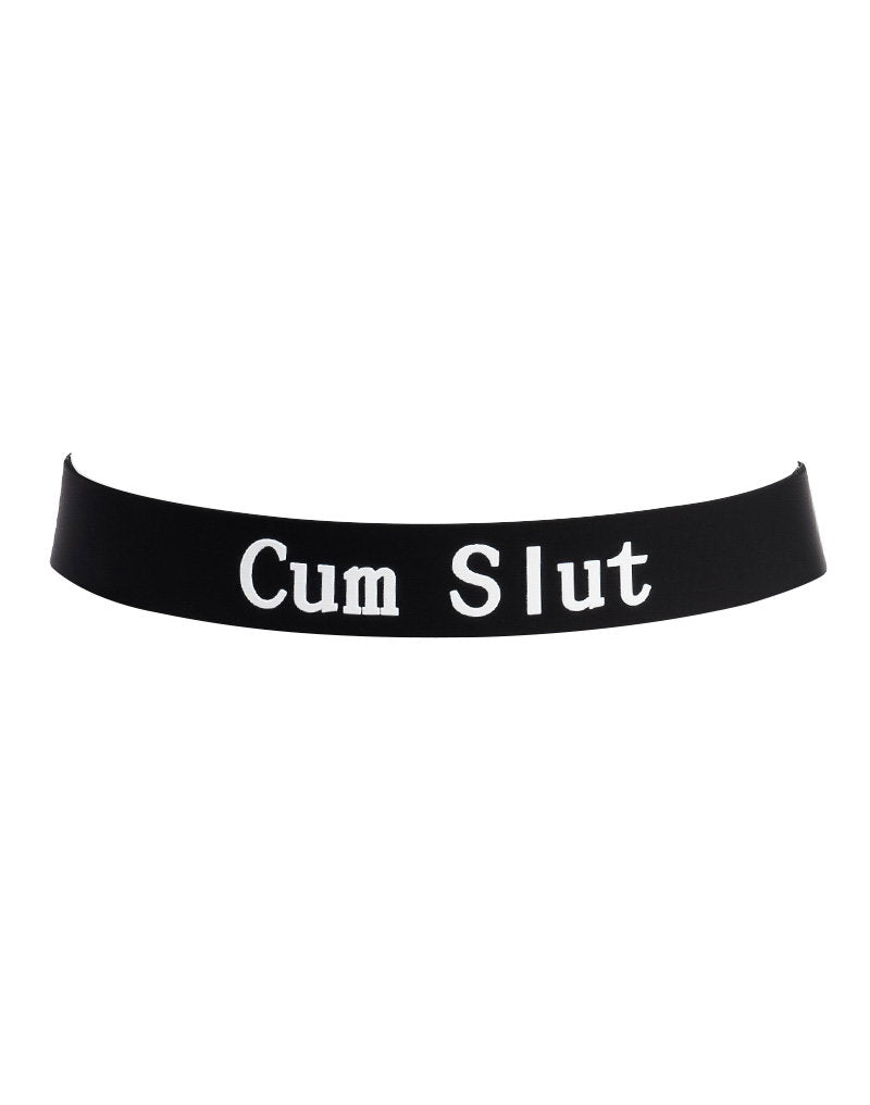 Rimba Latex Play - Halsband mit Aufschrift 'Cum Slut' - Schwarz & Weiß