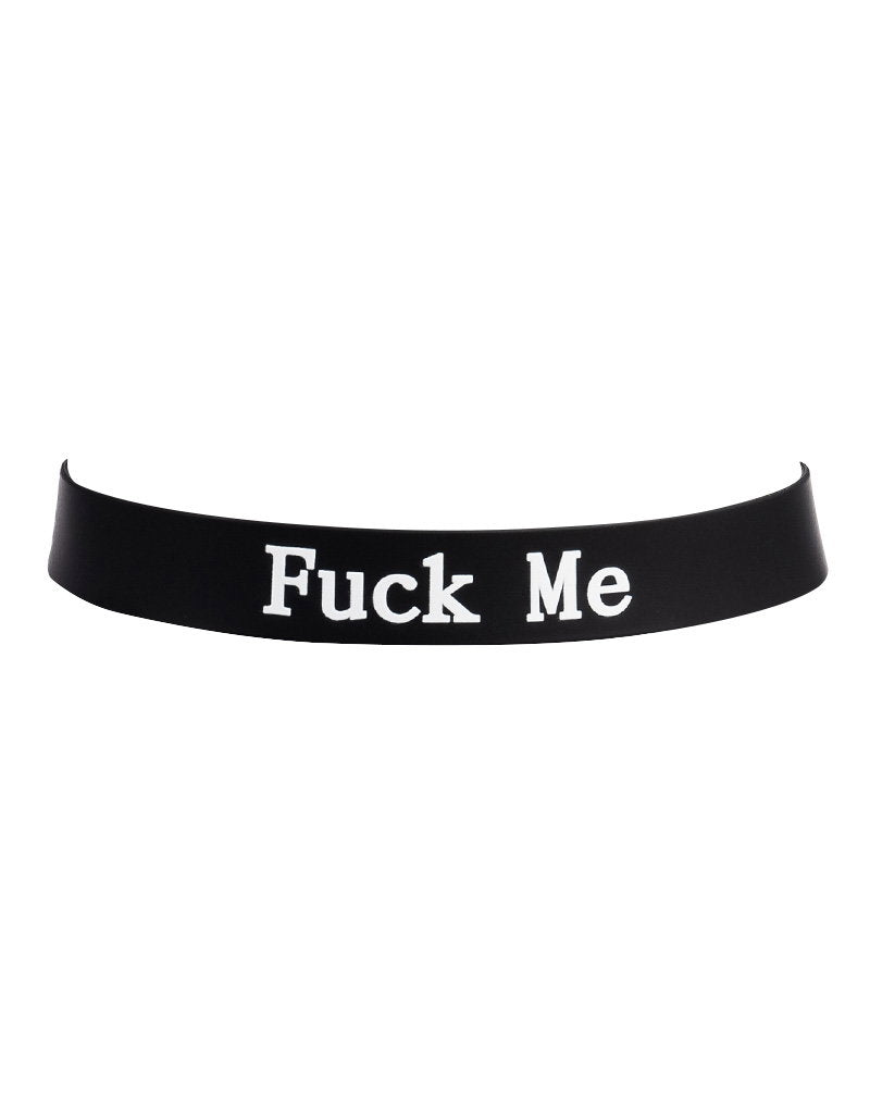 2: Rimba Latex Play - Halsband mit Aufschrift 'Fuck Me' - Schwarz & Weiß