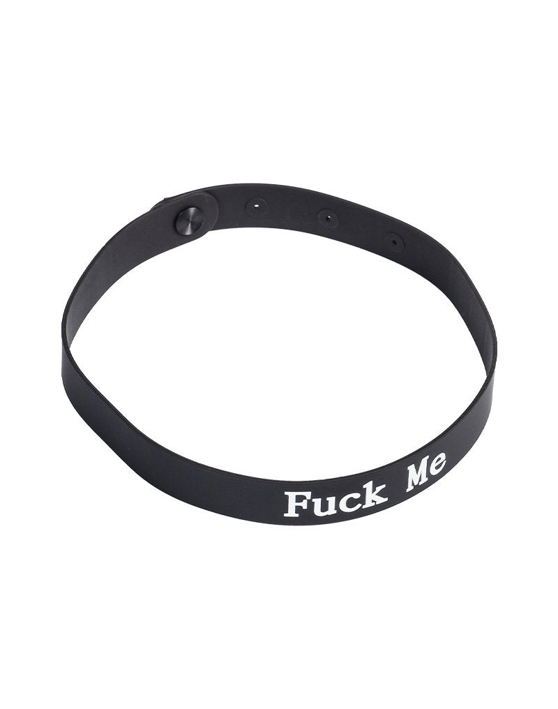 4: Rimba Latex Play - Halsband mit Aufschrift 'Fuck Me' - Schwarz & Weiß