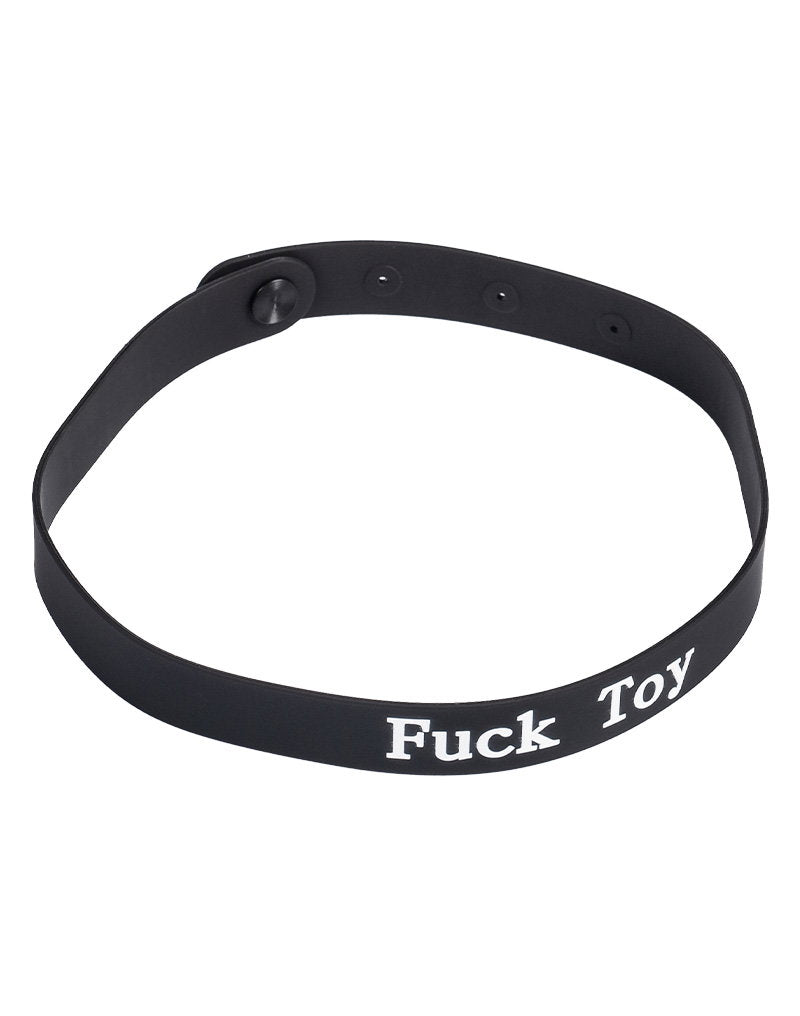 4: Rimba Latex Play - Halsband mit Aufschrift 'Fuck Toy' - Schwarz & Weiß
