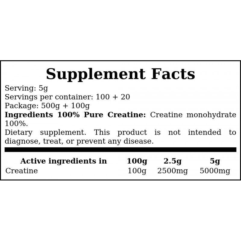 100% Pure Creatine - 500g - Unflavored + 100g FREE