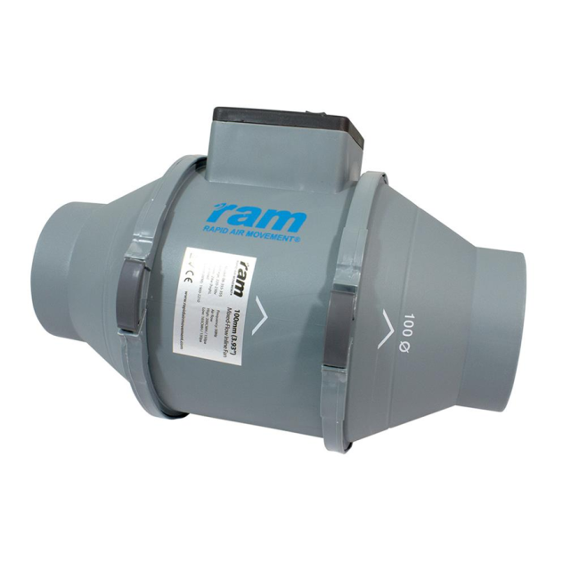 RAM Mixed-Flow Inline Rohrlüfter, 100 mm, 199 m³/h, IEC Kabel mit Eurostecker