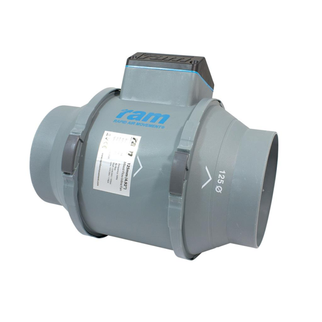 RAM Mixed-Flow Inline Rohrventilator, 125 mm, 284 m³/h + EU Netzkabel mit IEC-Connector
