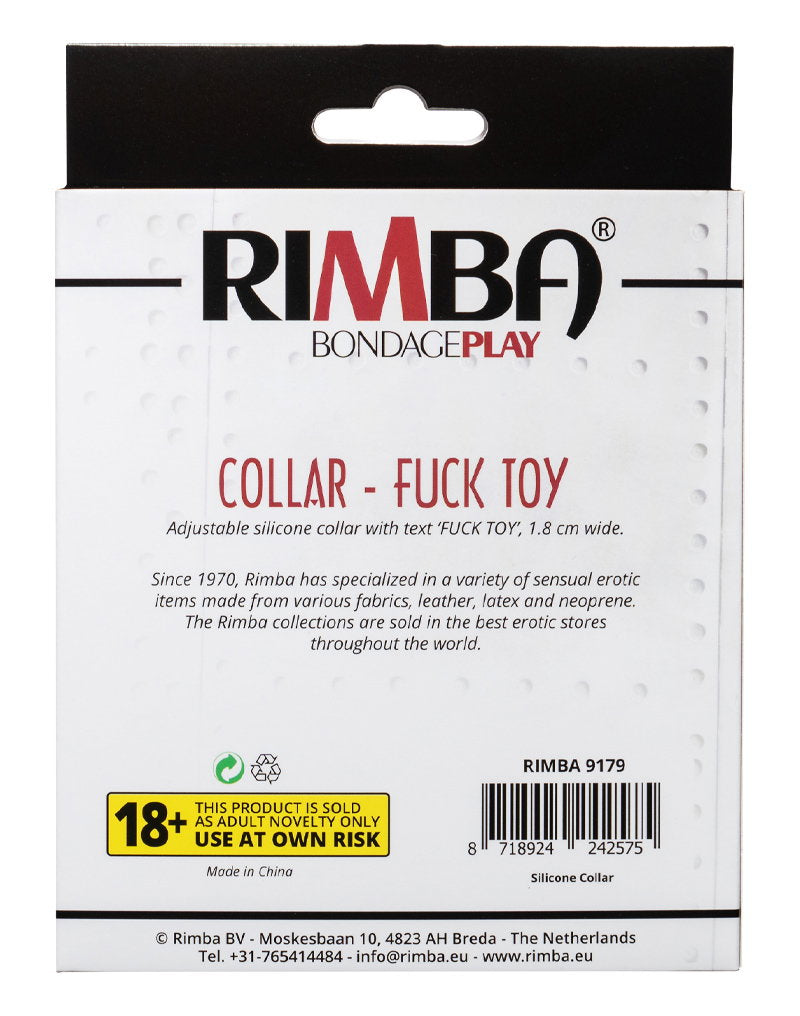 11: Rimba Latex Play - Halsband mit Aufschrift 'Fuck Toy' - Schwarz & Weiß