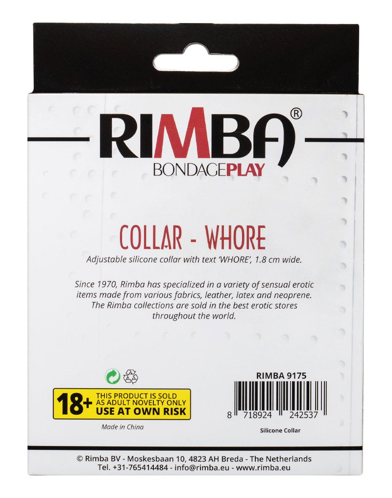 11: Rimba Latex Play - Halsband mit Aufschrift 'Whore' - Schwarz & Weiß