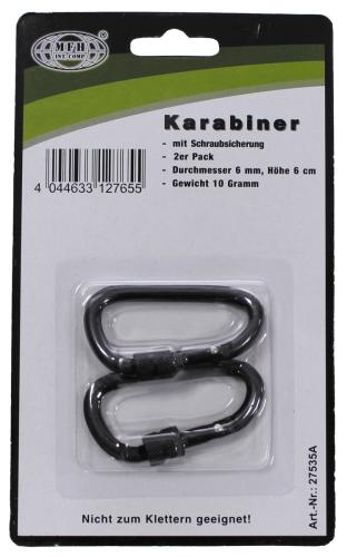Karabiner, Schraubverschluss, D 6mm x 6cm, 2er Pack,schwarz
