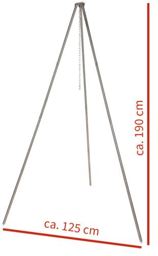 Dreibein, ca. 1,9 m, Edelstahl, mit Kette und Haken