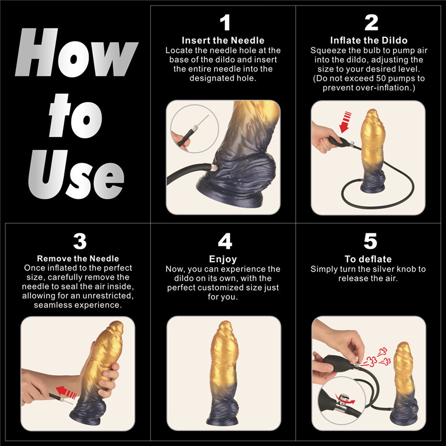 LoveToy – Aufblasbarer Dildo mit doppelter Dichte, 10"/ 25 cm, Gold/Schwarz