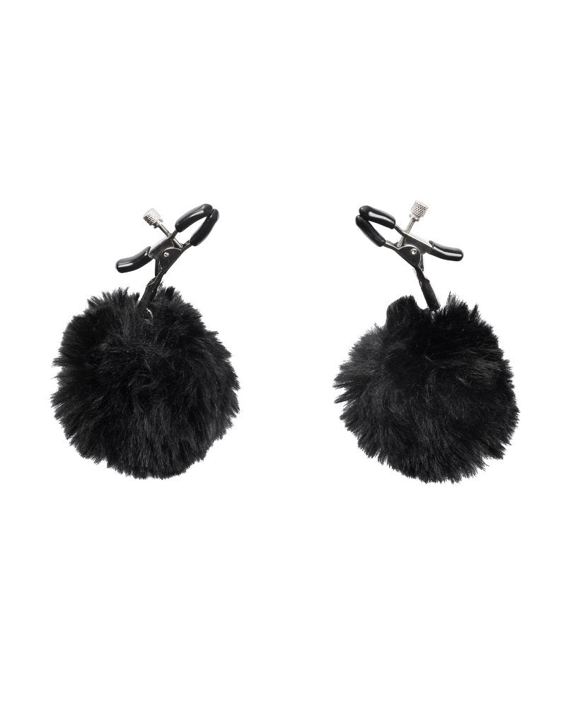 Rimba Bondage Play – Nippelklemmen mit Pompons – Schwarz