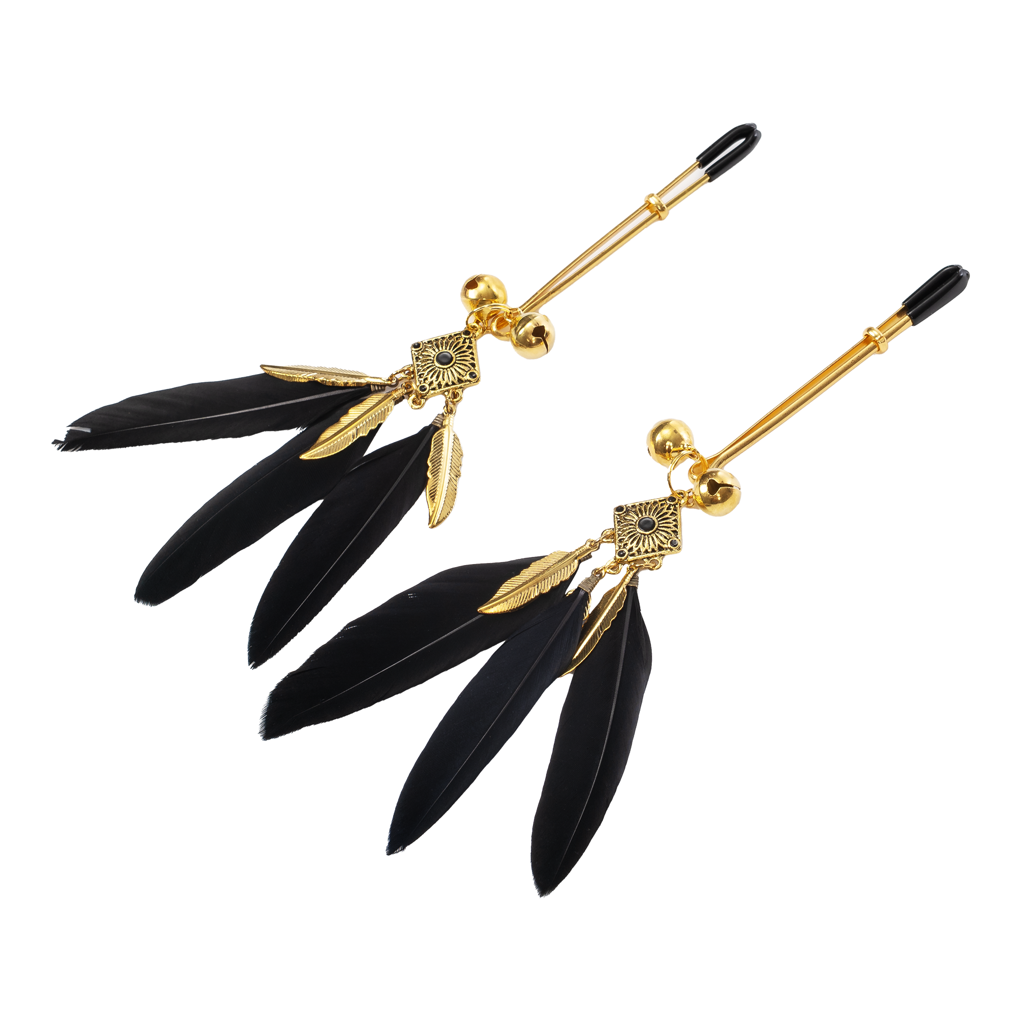 3: Rimba Bondage Play – Nippelklemmen mit Federn – Schwarz & Gold