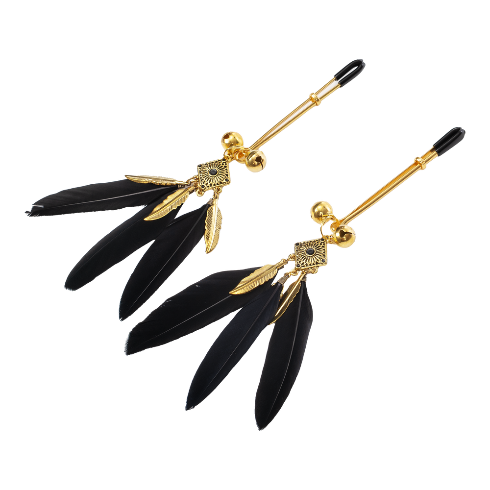 3: Rimba Bondage Play – Nippelklemmen mit Federn – Schwarz & Gold