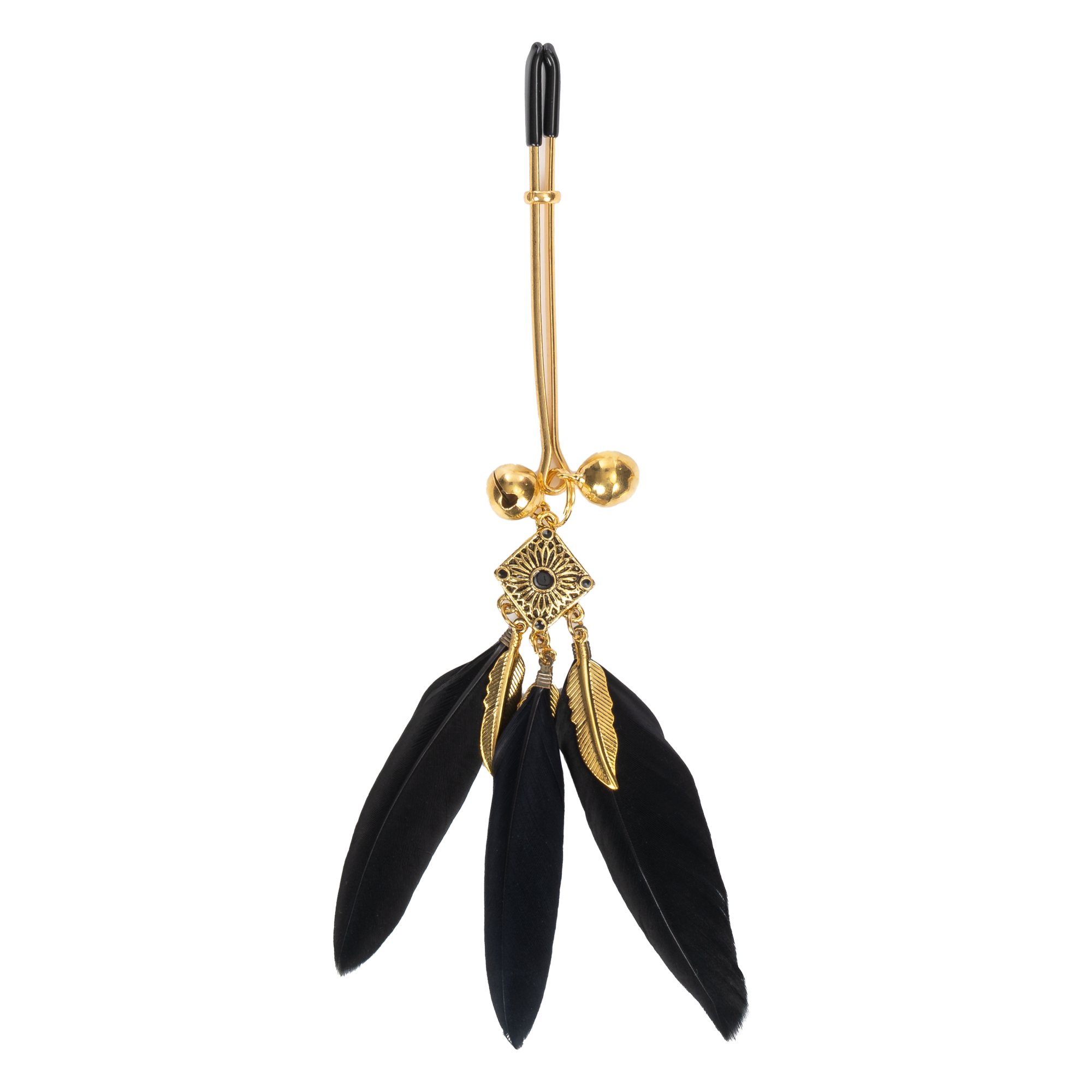 4: Rimba Bondage Play – Nippelklemmen mit Federn – Schwarz & Gold