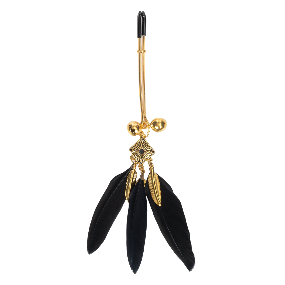 4: Rimba Bondage Play – Nippelklemmen mit Federn – Schwarz & Gold