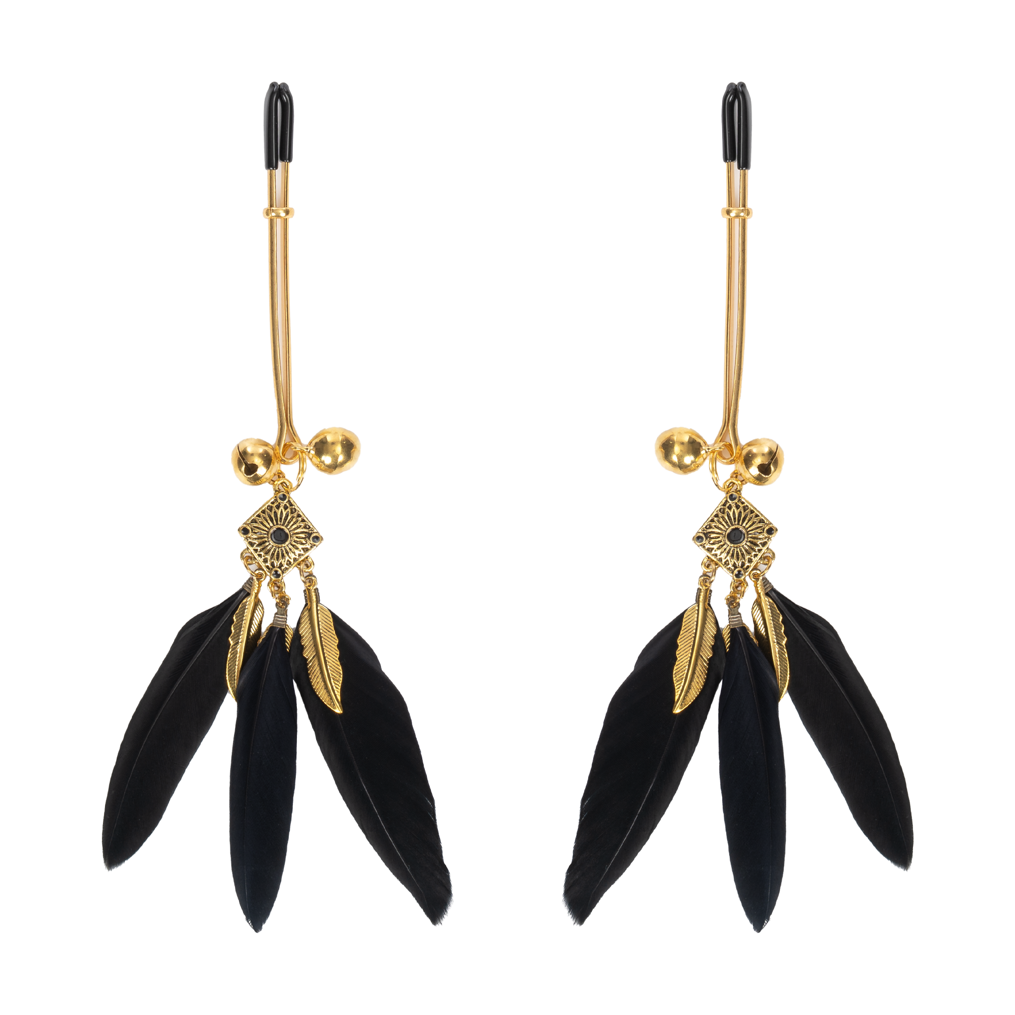 7: Rimba Bondage Play – Nippelklemmen mit Federn – Schwarz & Gold