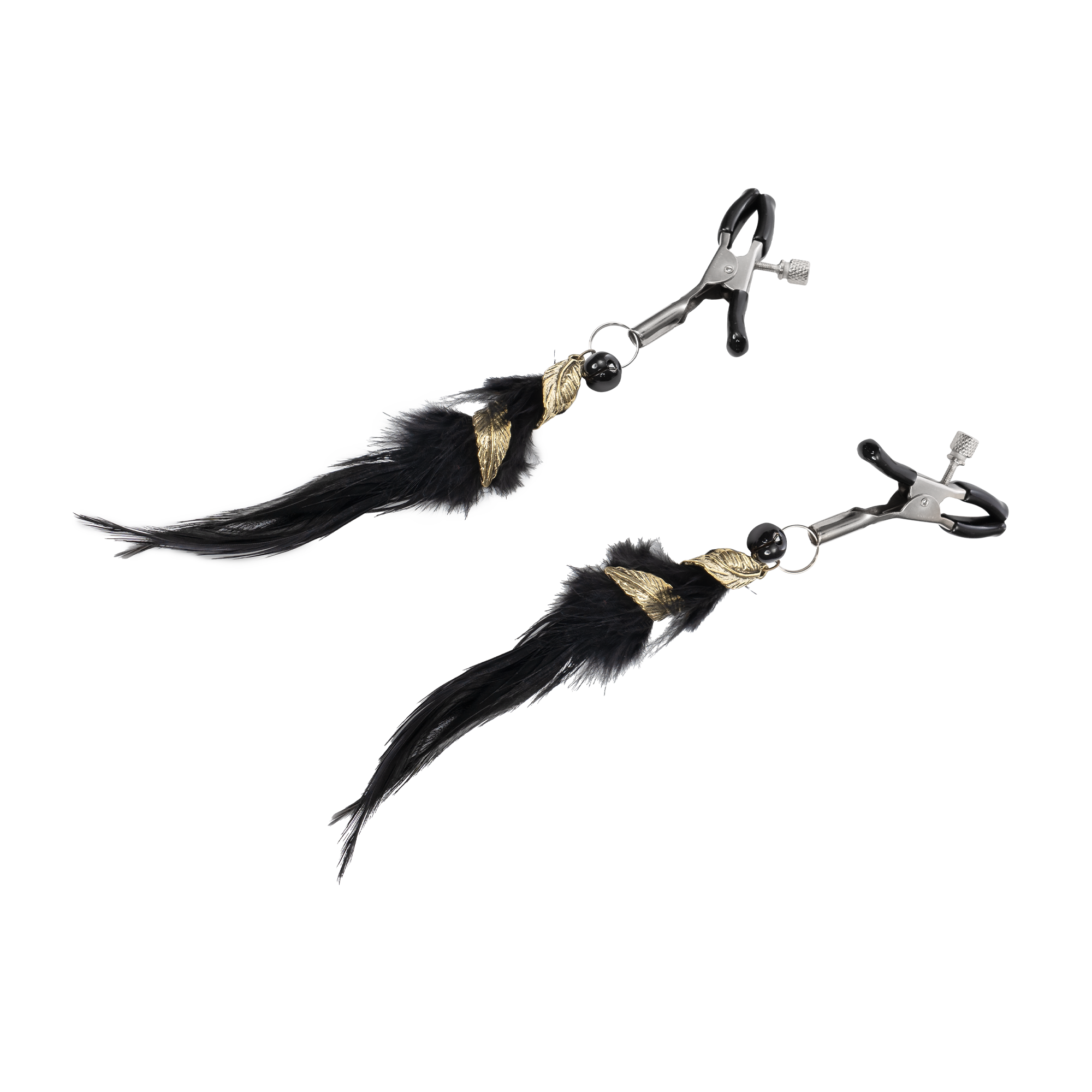 Rimba Bondage Play – Nippelklemmen mit Federn – Schwarz & Gold