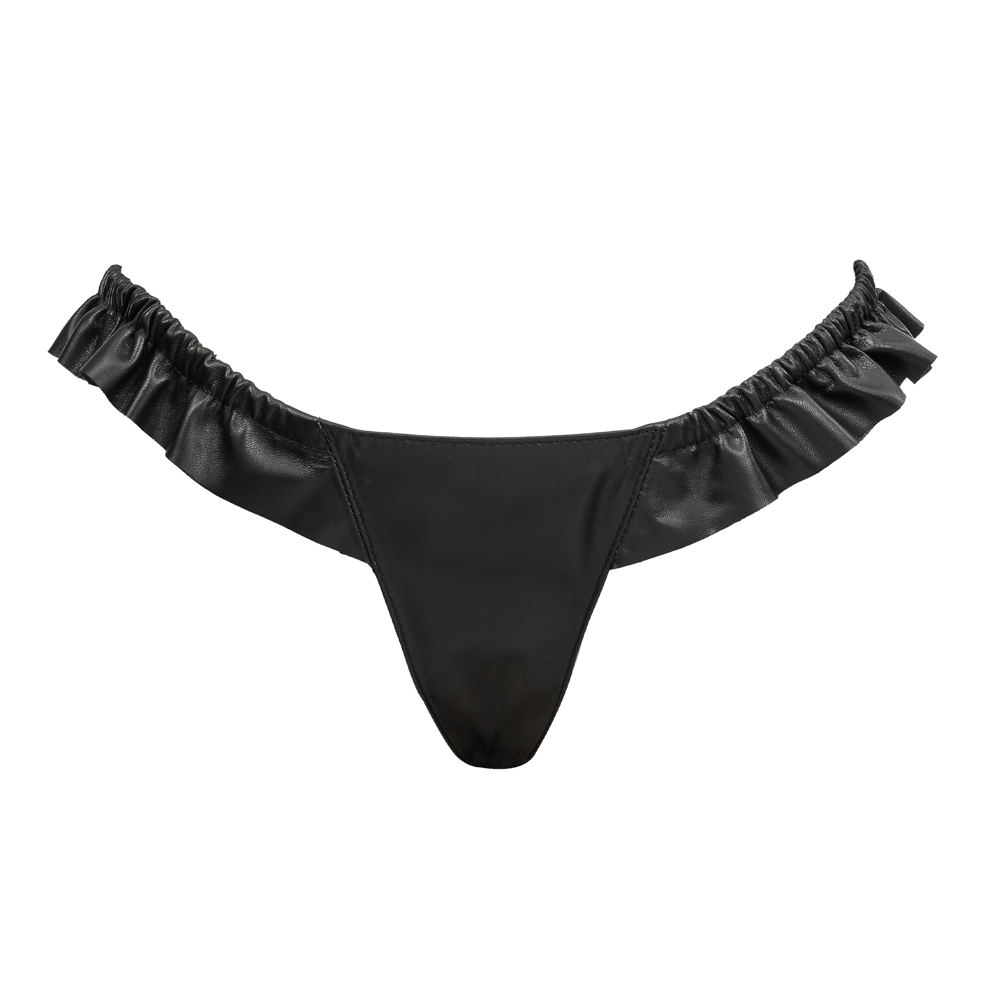 Rimba Bondage Play – Luxus-Leder-String mit Rüschen – Schwarz