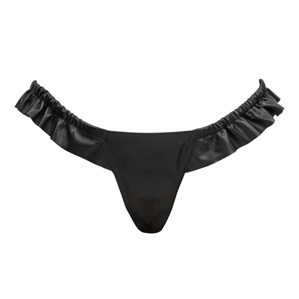 Rimba Bondage Play – Luxus-Leder-String mit Rüschen – Schwarz