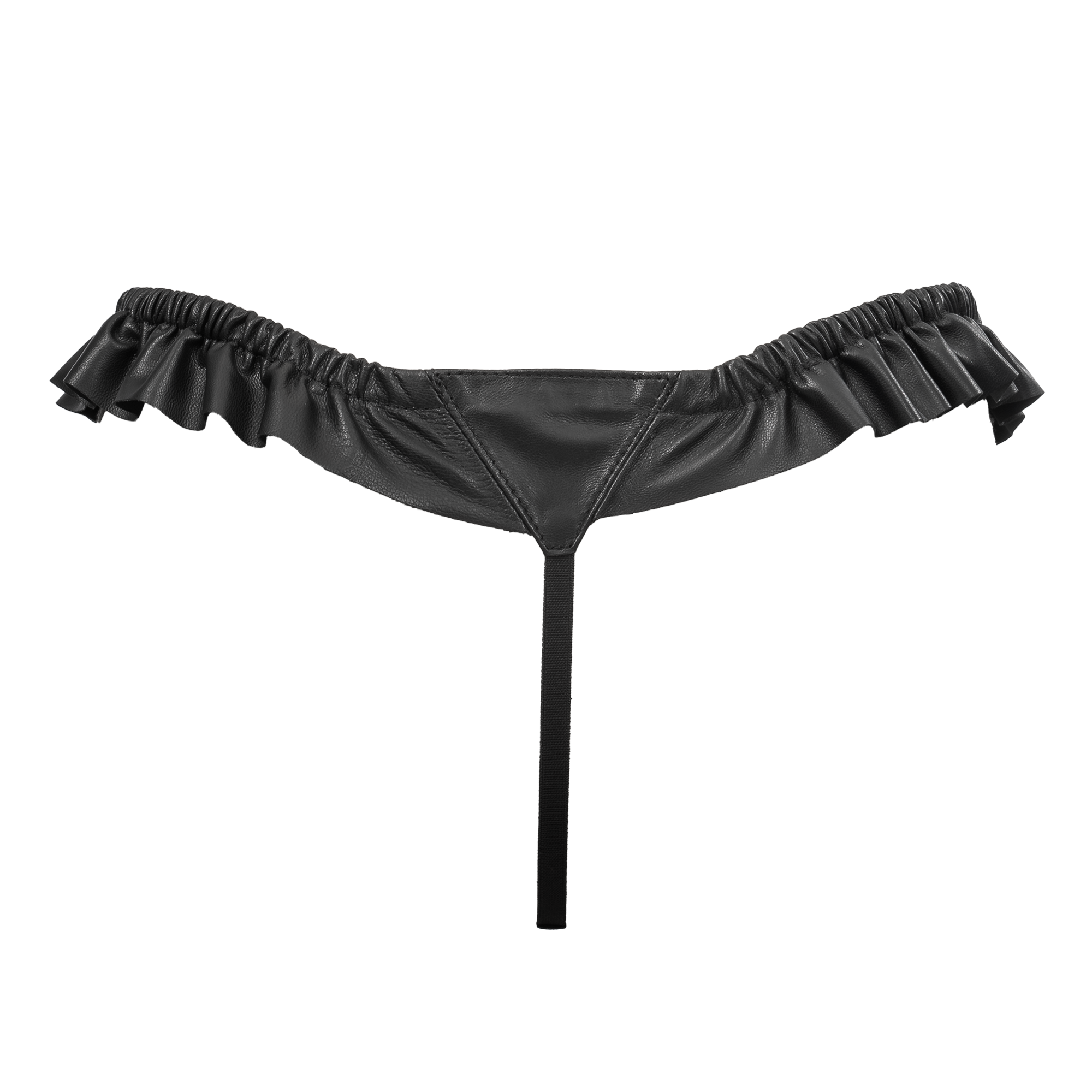 Rimba Bondage Play – Luxus-Leder-String mit Rüschen – Schwarz