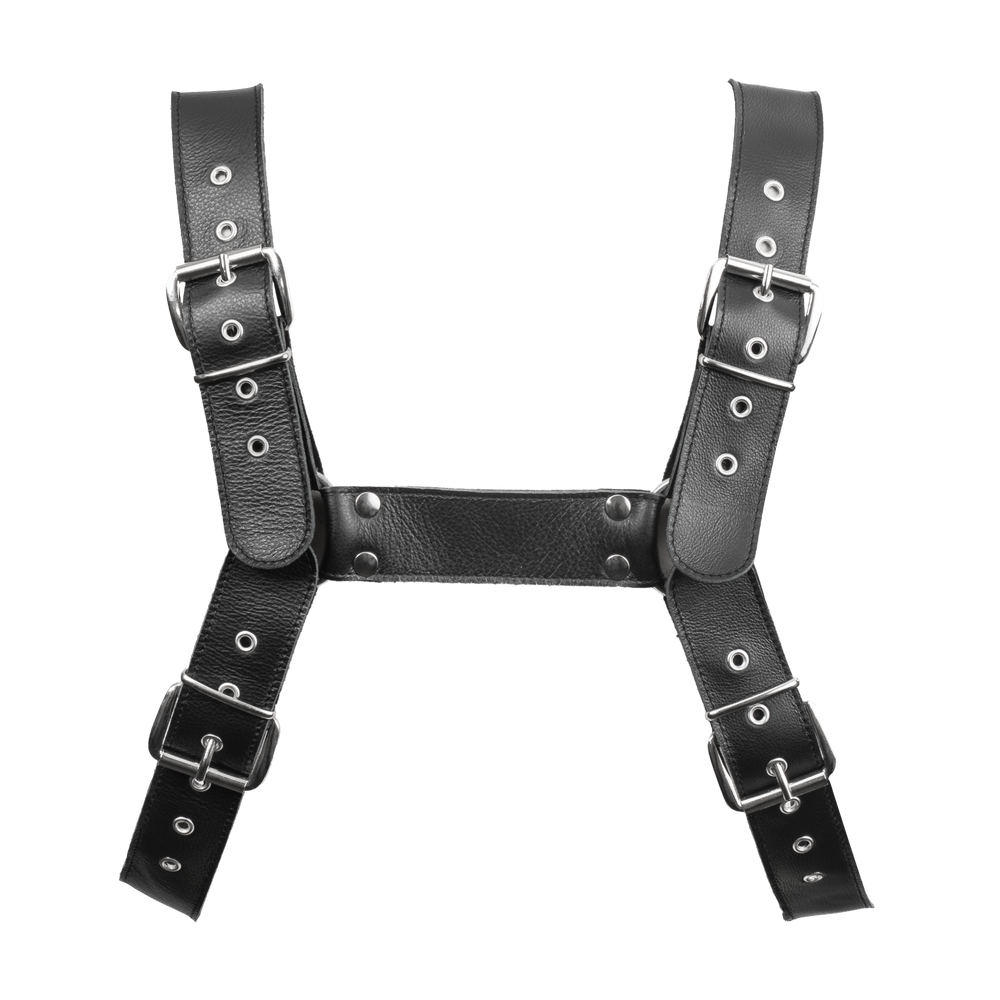 Rimba Bondage Play – Luxus-Brustharness aus Leder mit Taschen – Schwarz