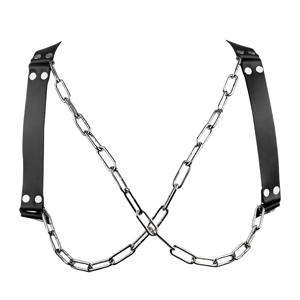 Rimba Bondage Play – Leder-Brustharness mit Ketten – Schwarz & Silber