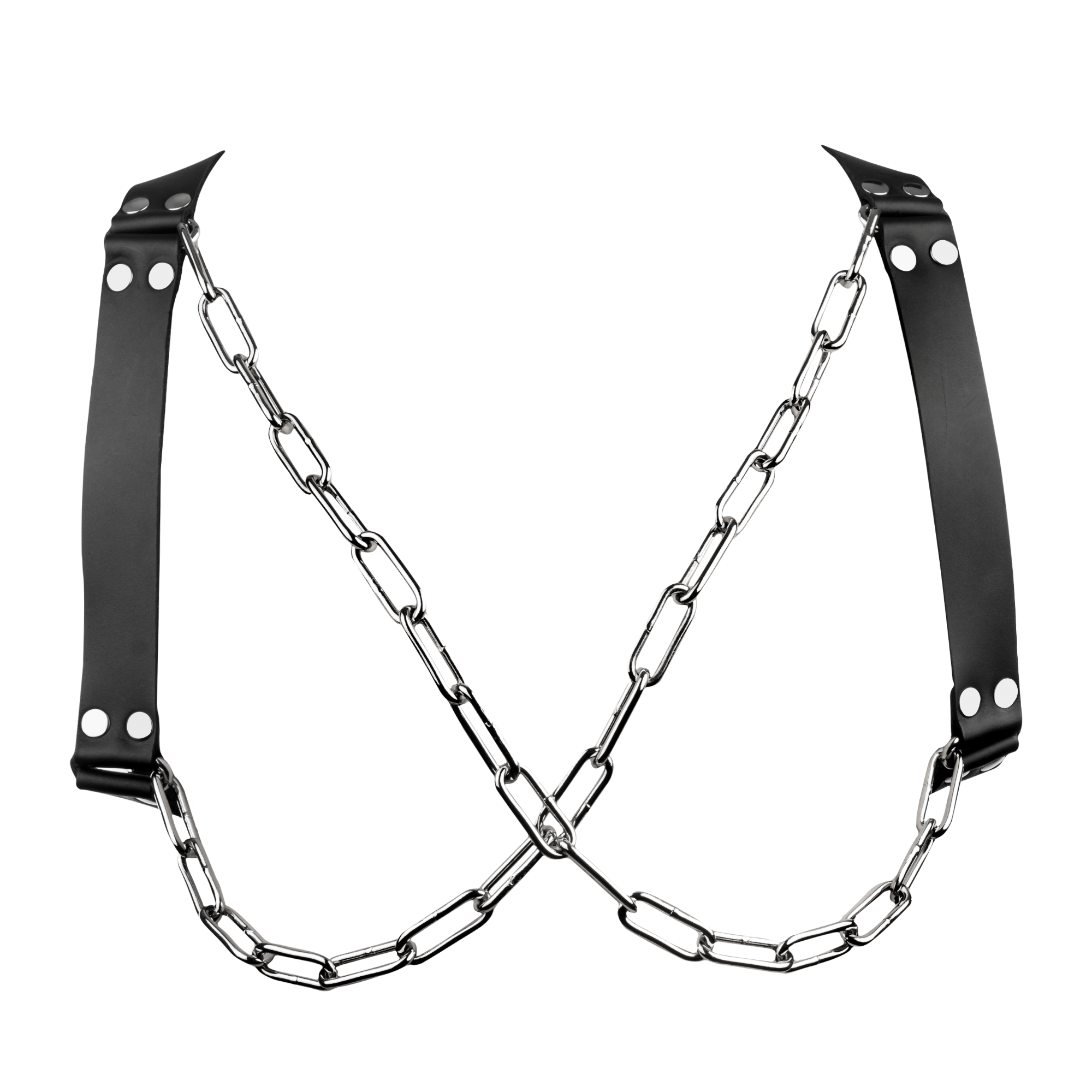 Rimba Bondage Play – Leder-Brustharness mit Ketten – Schwarz & Silber
