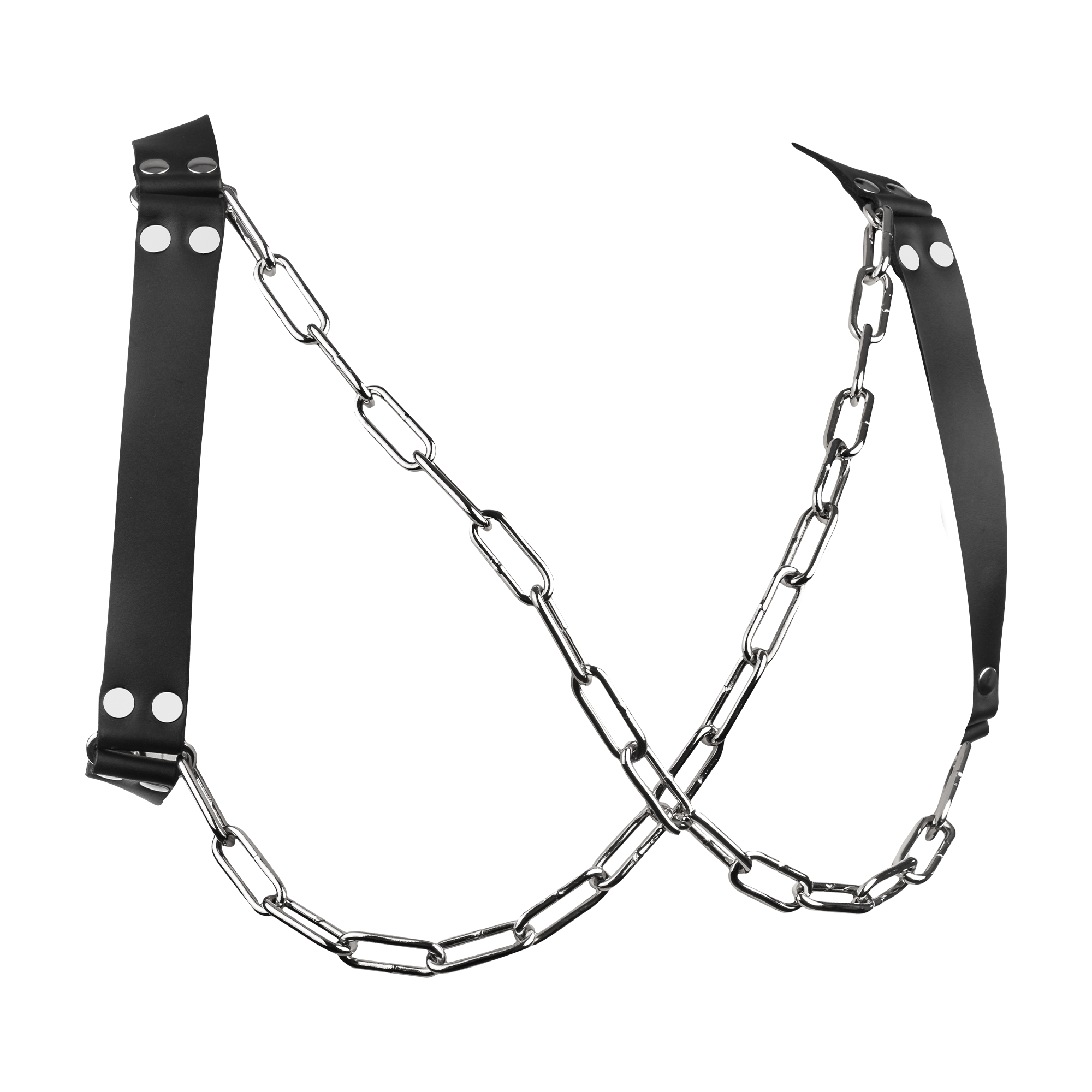 Rimba Bondage Play – Leder-Brustharness mit Ketten – Schwarz & Silber