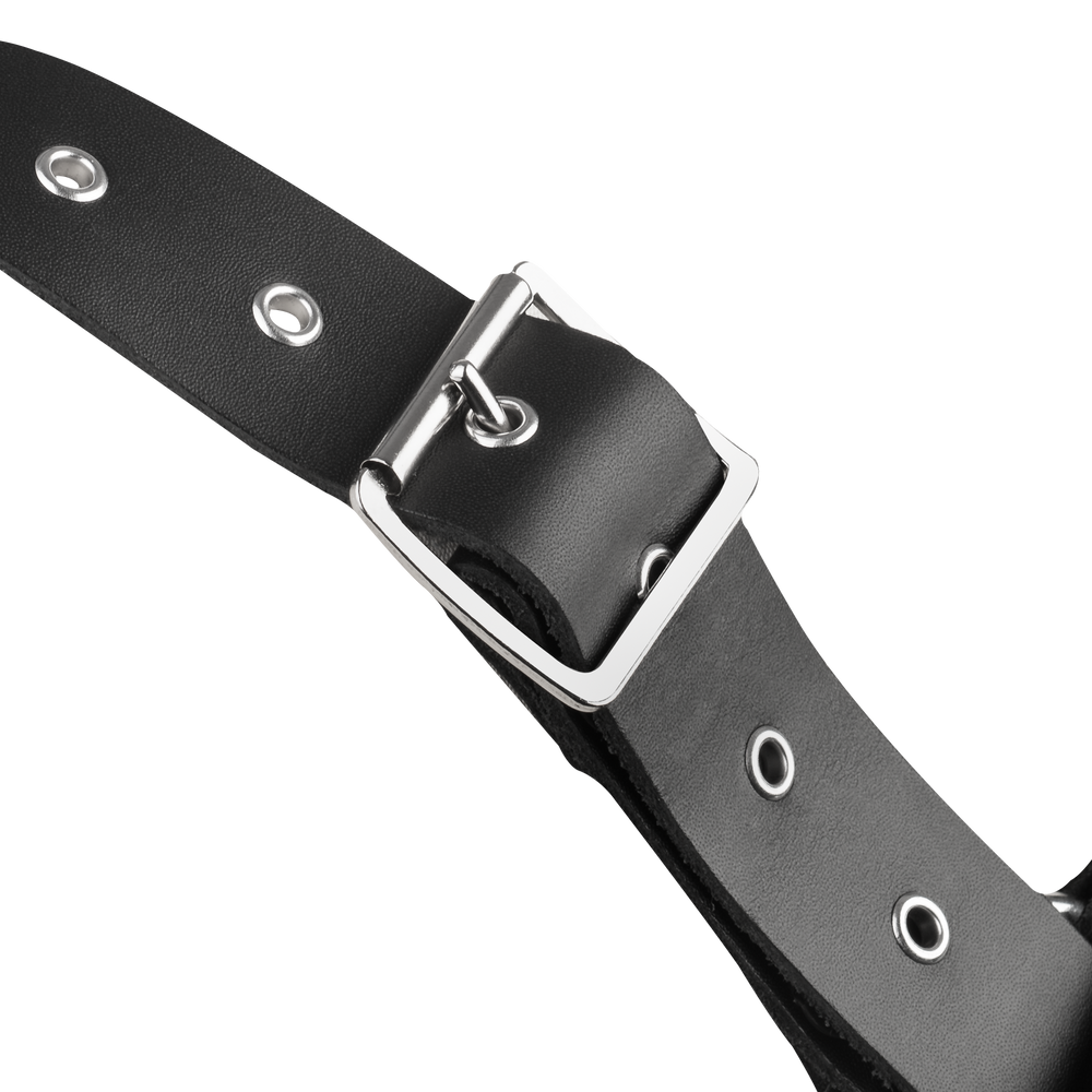 Rimba Bondage Play – Leder-Brustharness mit Ketten – Schwarz & Silber