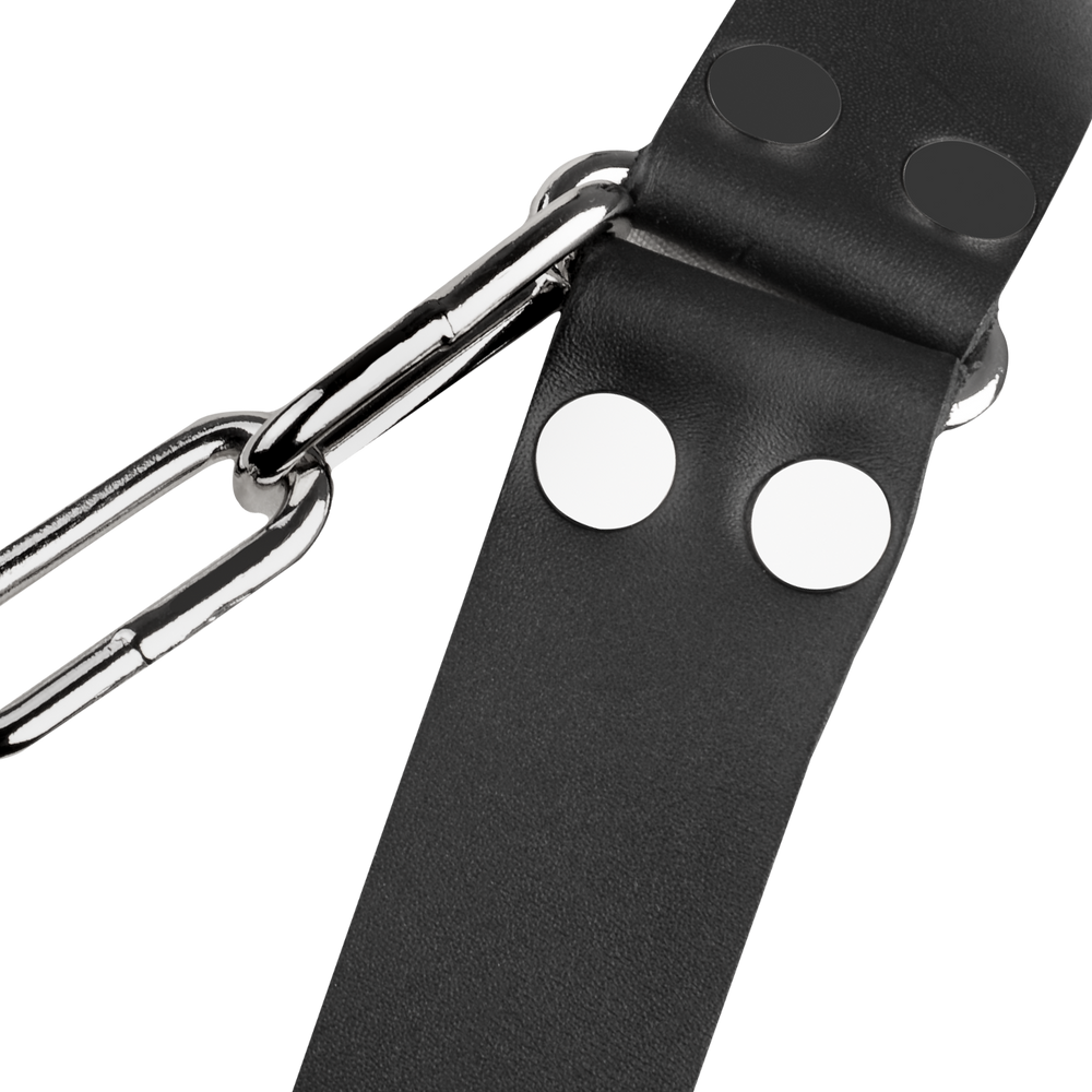 Rimba Bondage Play – Leder-Brustharness mit Ketten – Schwarz & Silber