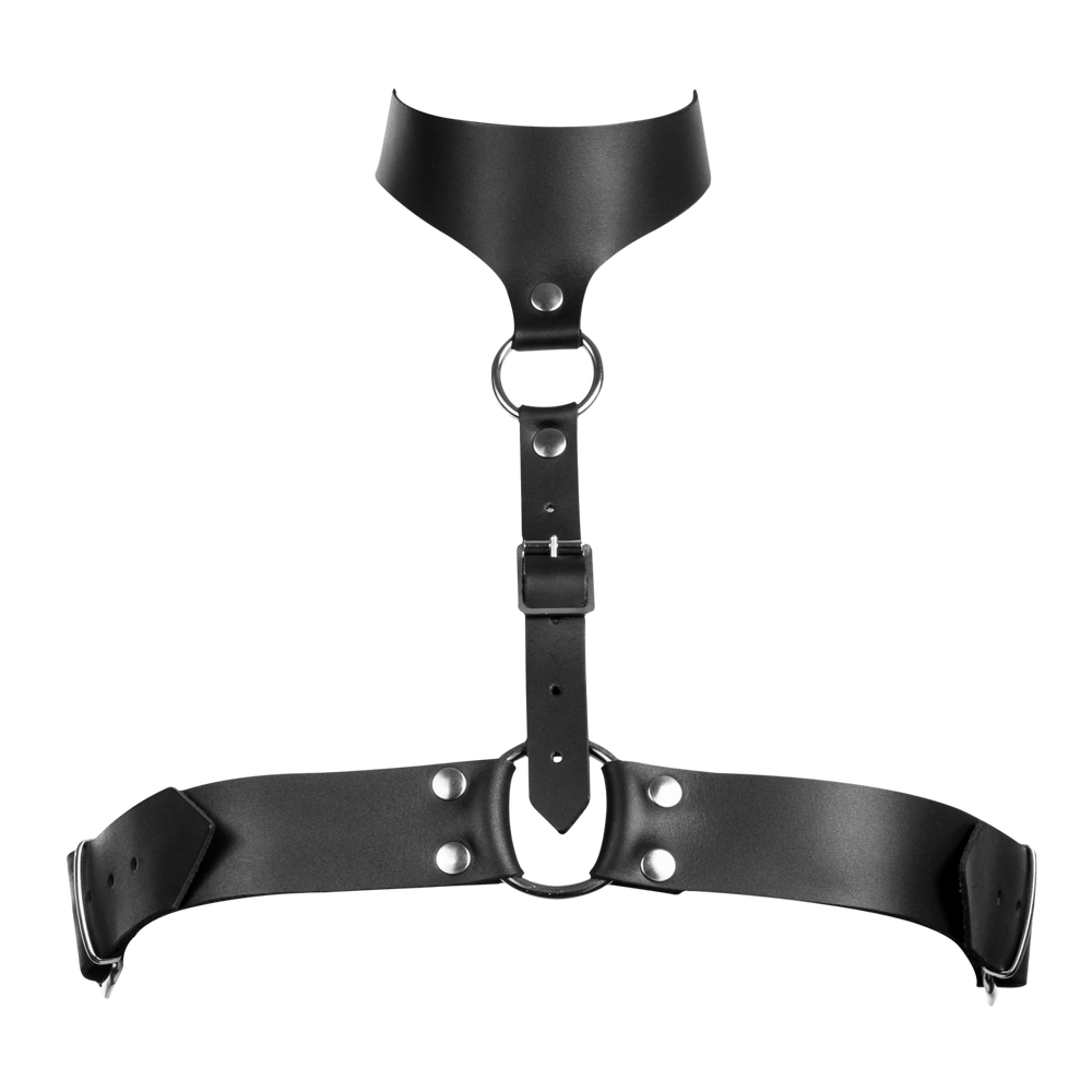 4: Rimba Bondage Play – Leder-Brustharness mit Halsband – Schwarz