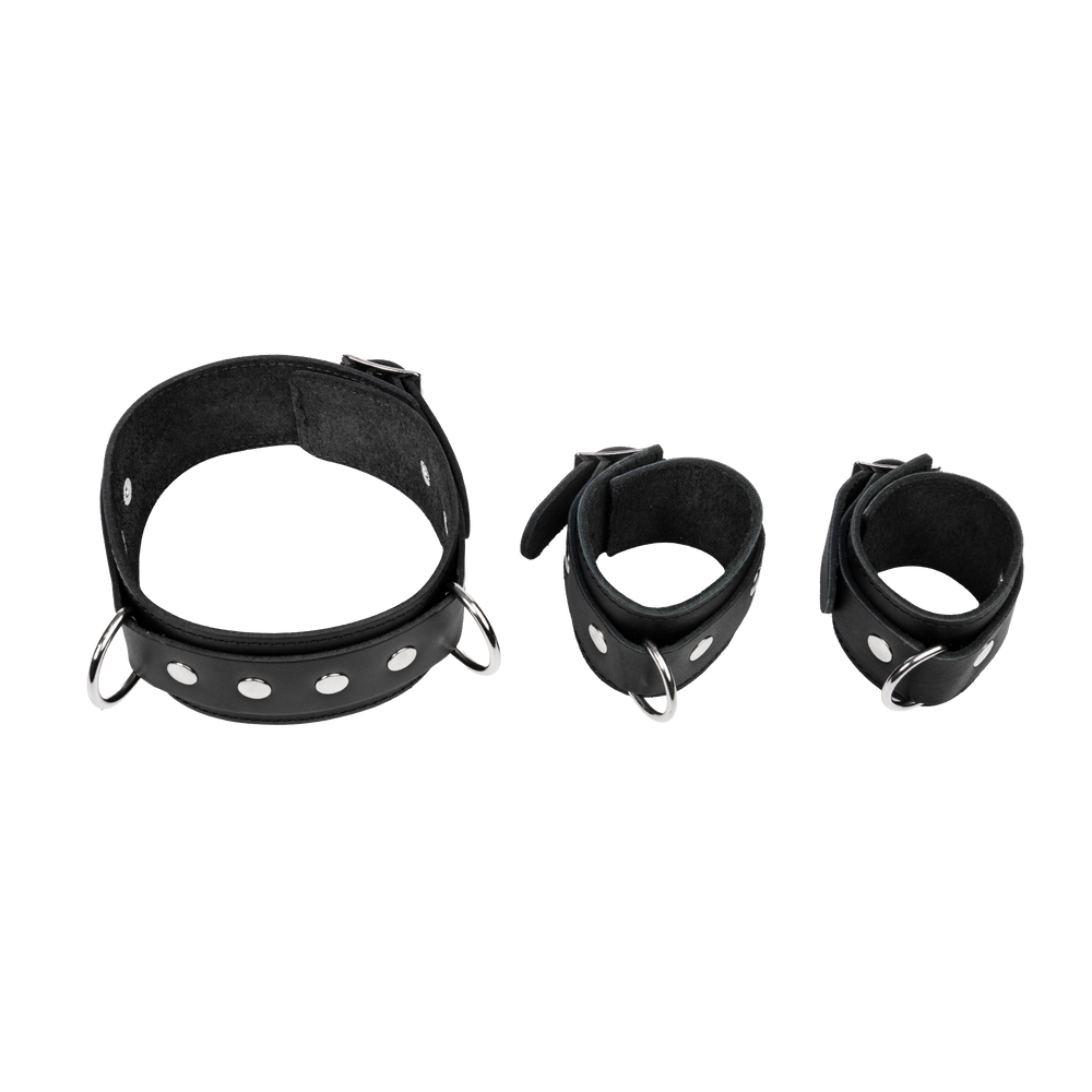 Rimba Bondage Play – Verstellbare Spreizstange mit Hals- und Handfesseln – Schwarz & Silber