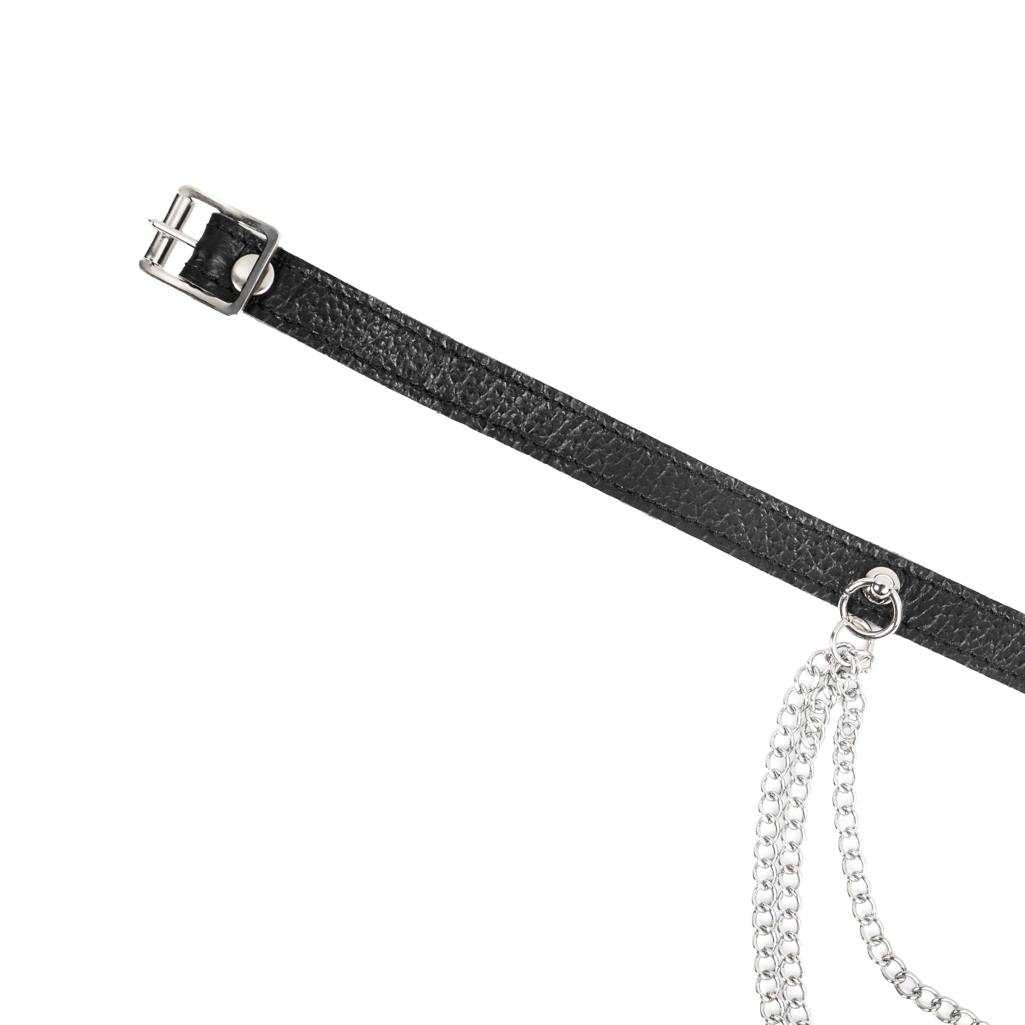 Rimba Bondage Play – Lederhalsband mit Metallketten – Schwarz & Silber