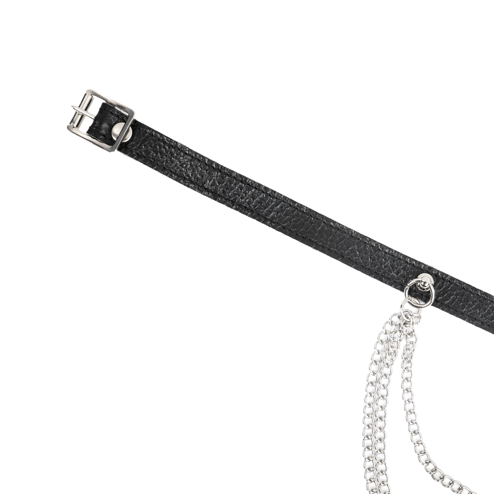Rimba Bondage Play – Lederhalsband mit Metallketten – Schwarz & Silber