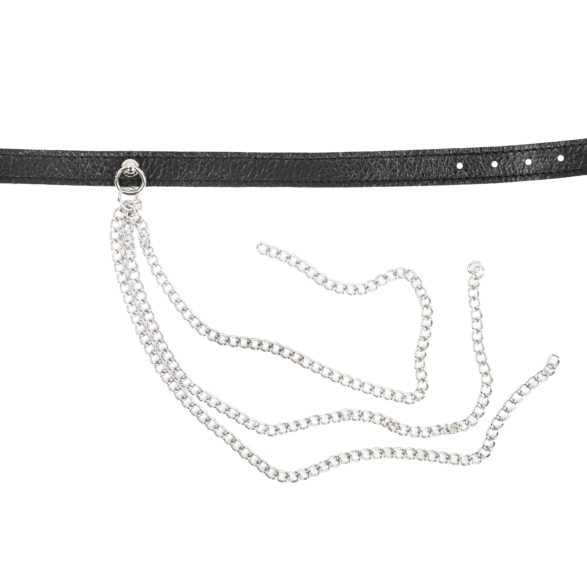 Rimba Bondage Play – Lederhalsband mit Metallketten – Schwarz & Silber