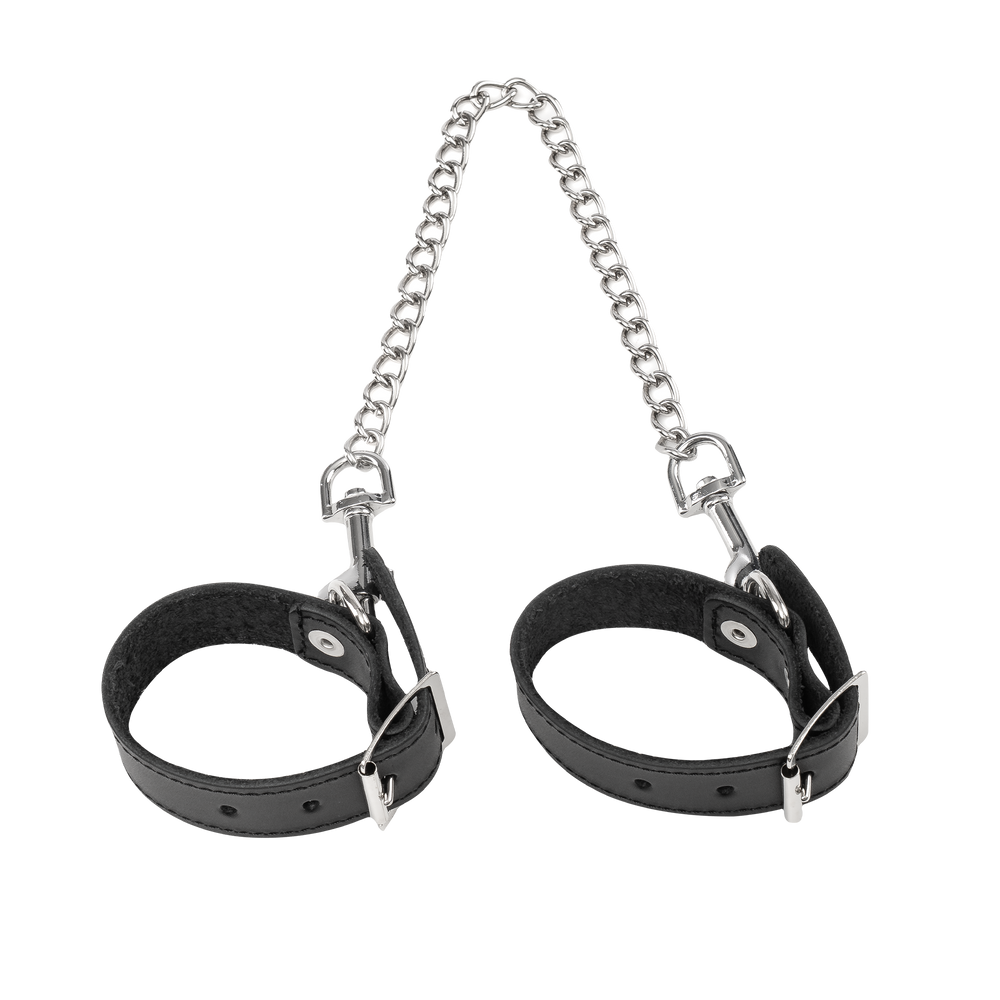 Rimba Bondage Play – Lederhandfesseln mit abnehmbarer Kette – Schwarz & Silber