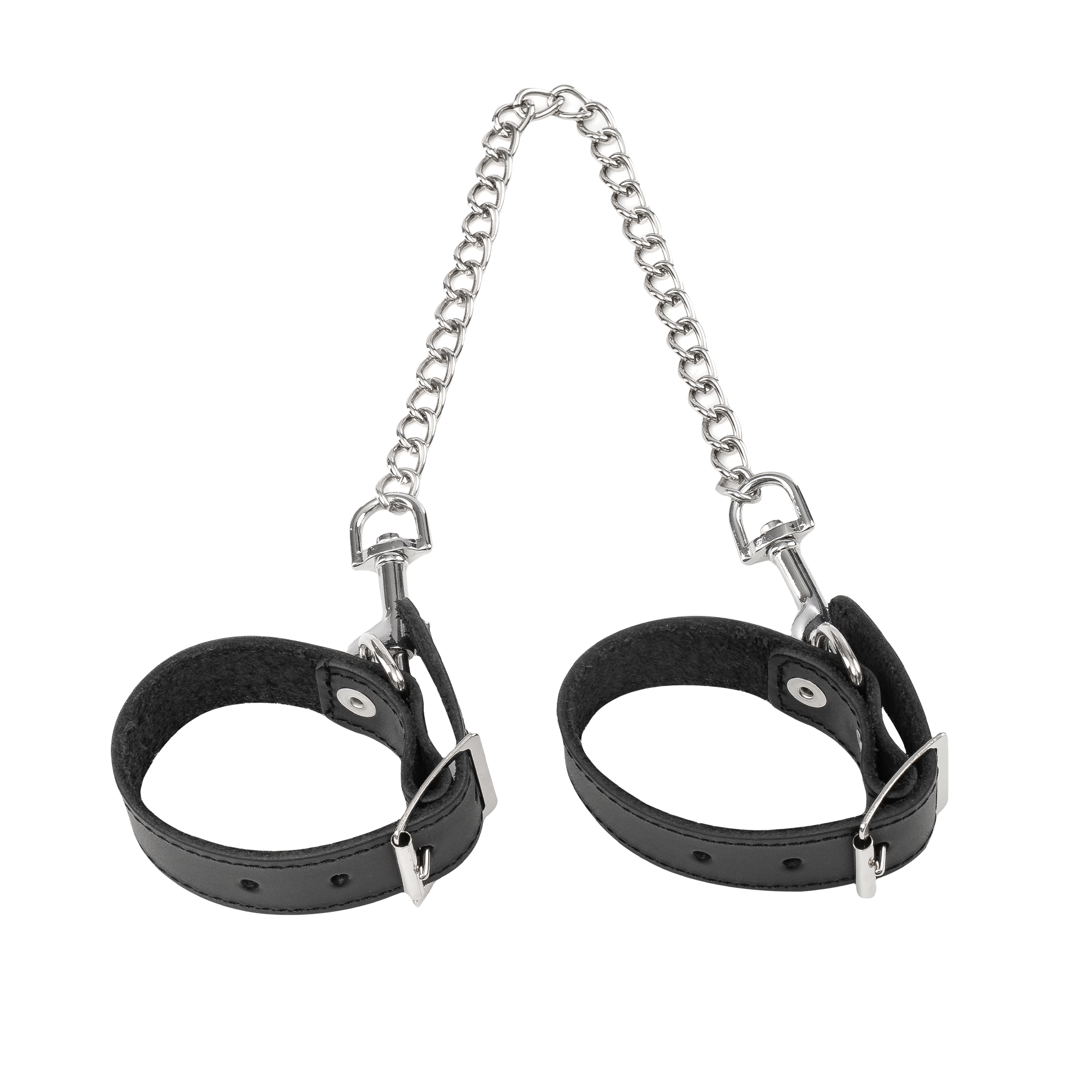 Rimba Bondage Play – Lederhandfesseln mit abnehmbarer Kette – Schwarz & Silber