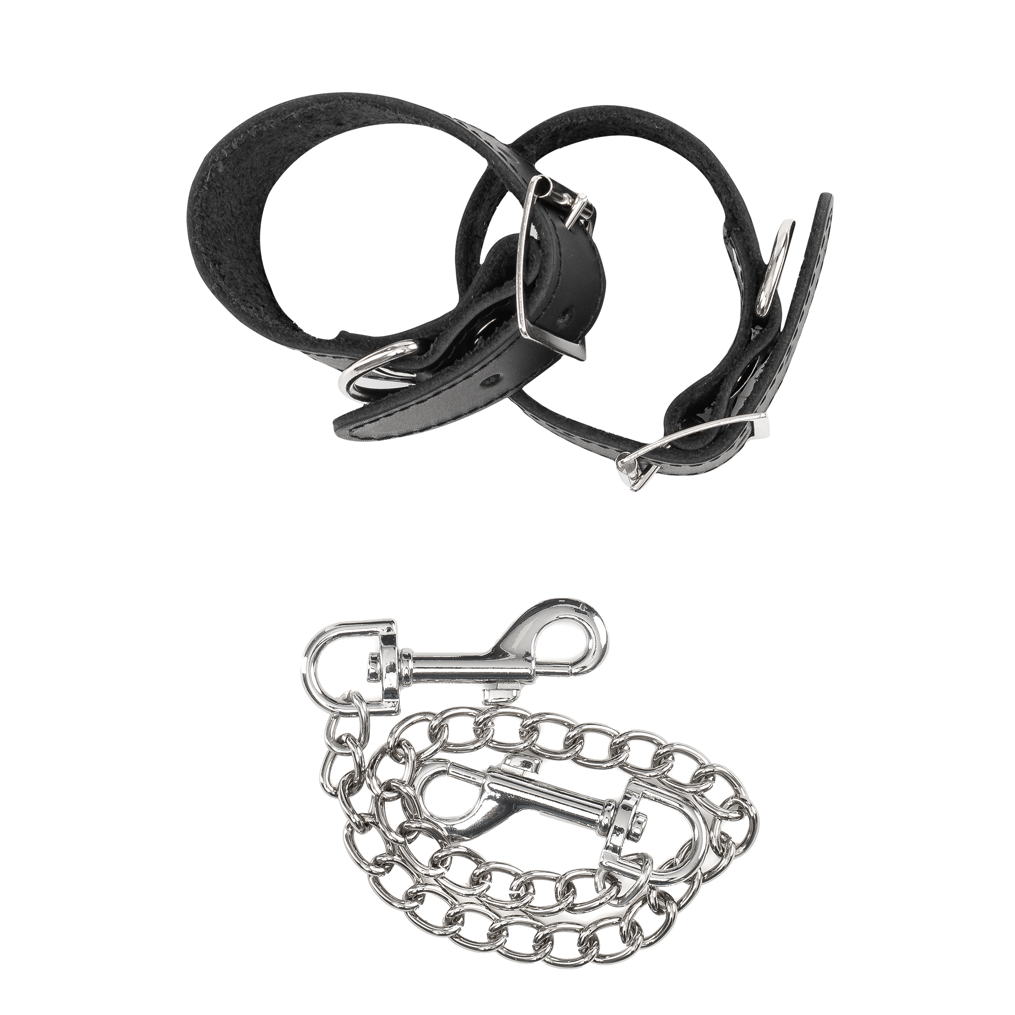 5: Rimba Bondage Play – Lederhandfesseln mit abnehmbarer Kette – Schwarz & Silber