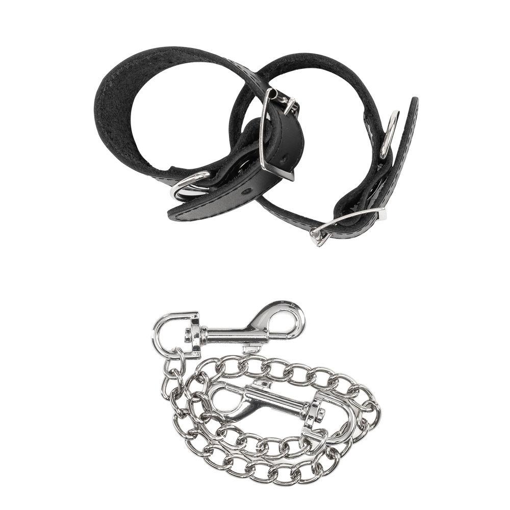 Rimba Bondage Play – Lederhandfesseln mit abnehmbarer Kette – Schwarz & Silber