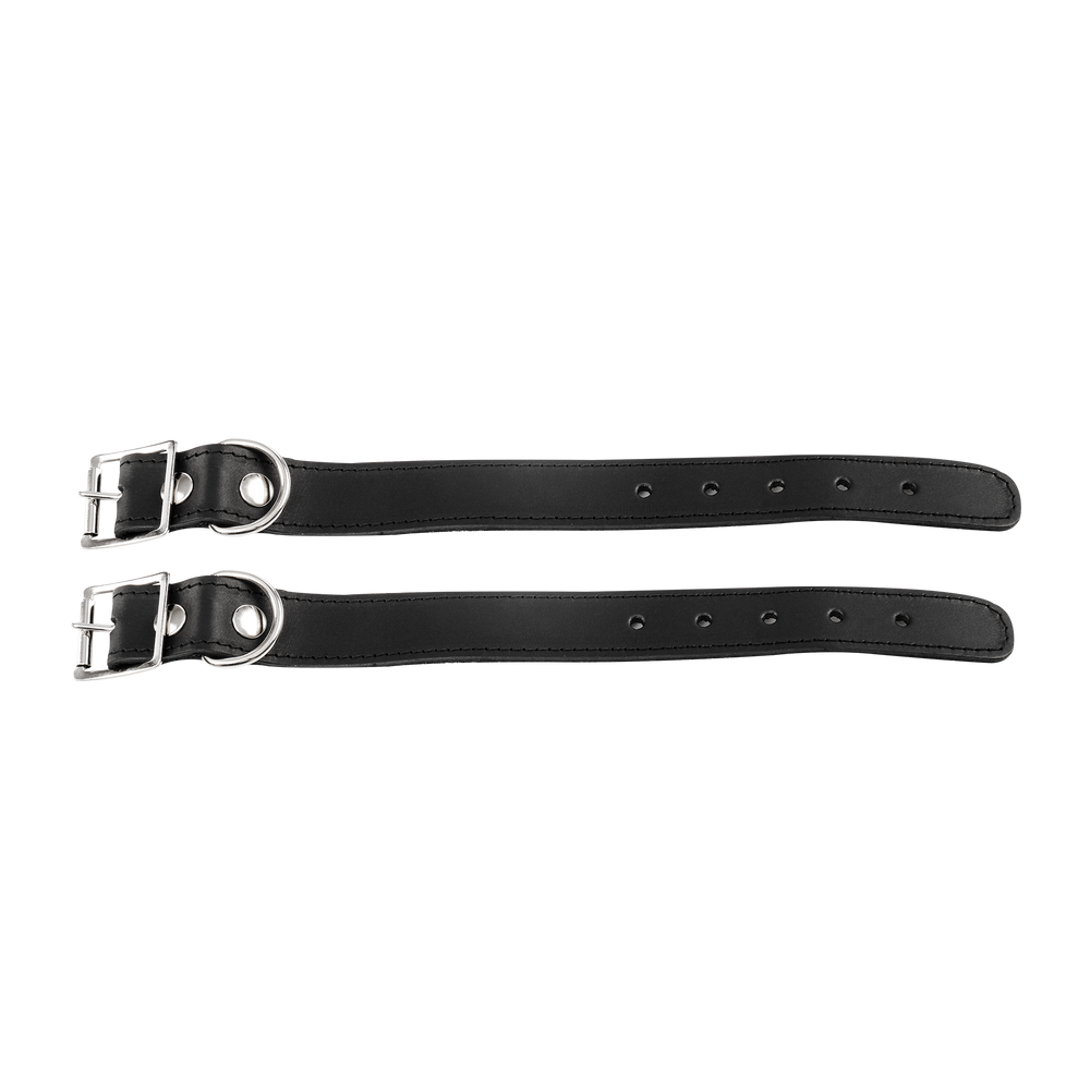 Rimba Bondage Play – Lederhandfesseln mit abnehmbarer Kette – Schwarz & Silber
