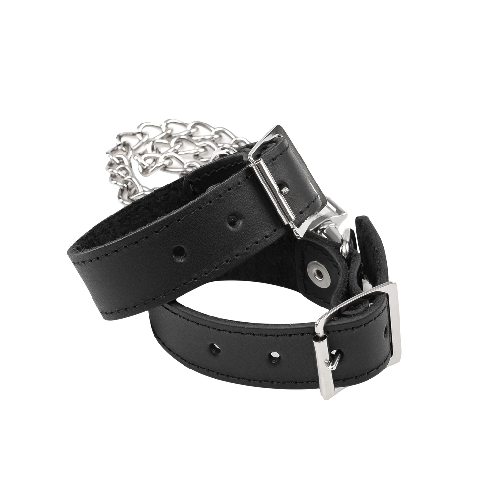 Rimba Bondage Play – Lederhandfesseln mit abnehmbarer Kette – Schwarz & Silber