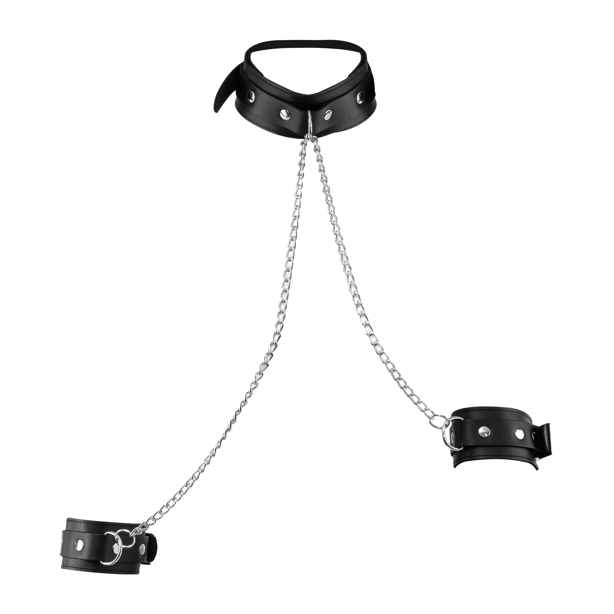 Rimba Bondage Play – Lederfessel-Set mit Halsband und Kette – Schwarz & Silber