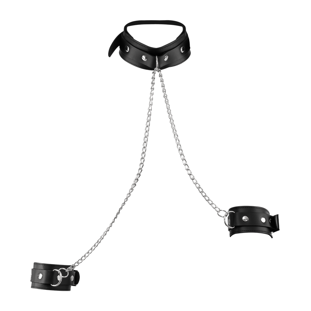 Rimba Bondage Play – Lederfessel-Set mit Halsband und Kette – Schwarz & Silber