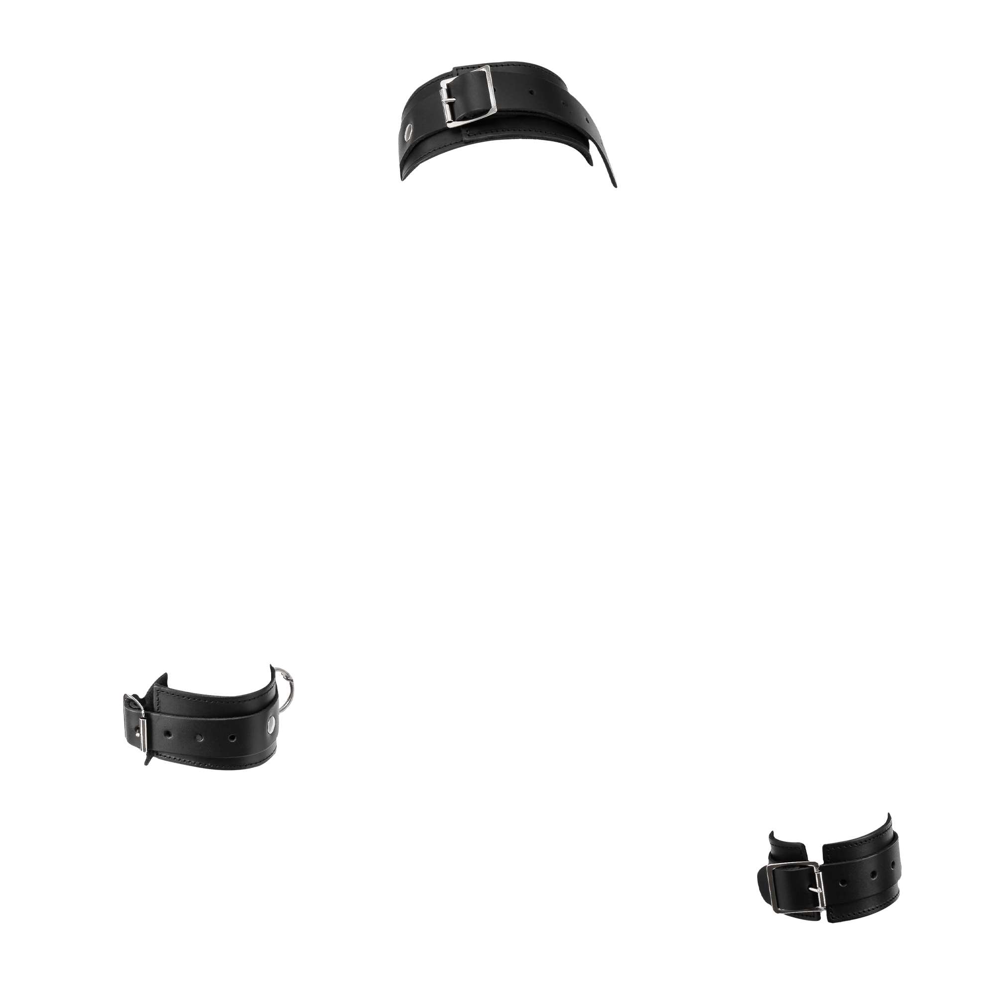 Rimba Bondage Play – Lederfessel-Set mit Halsband und Kette – Schwarz & Silber