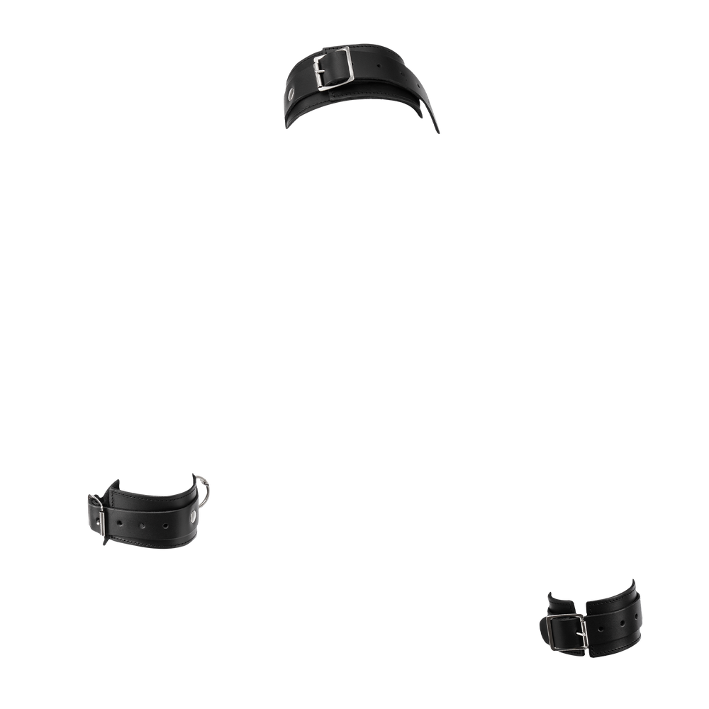 Rimba Bondage Play – Lederfessel-Set mit Halsband und Kette – Schwarz & Silber
