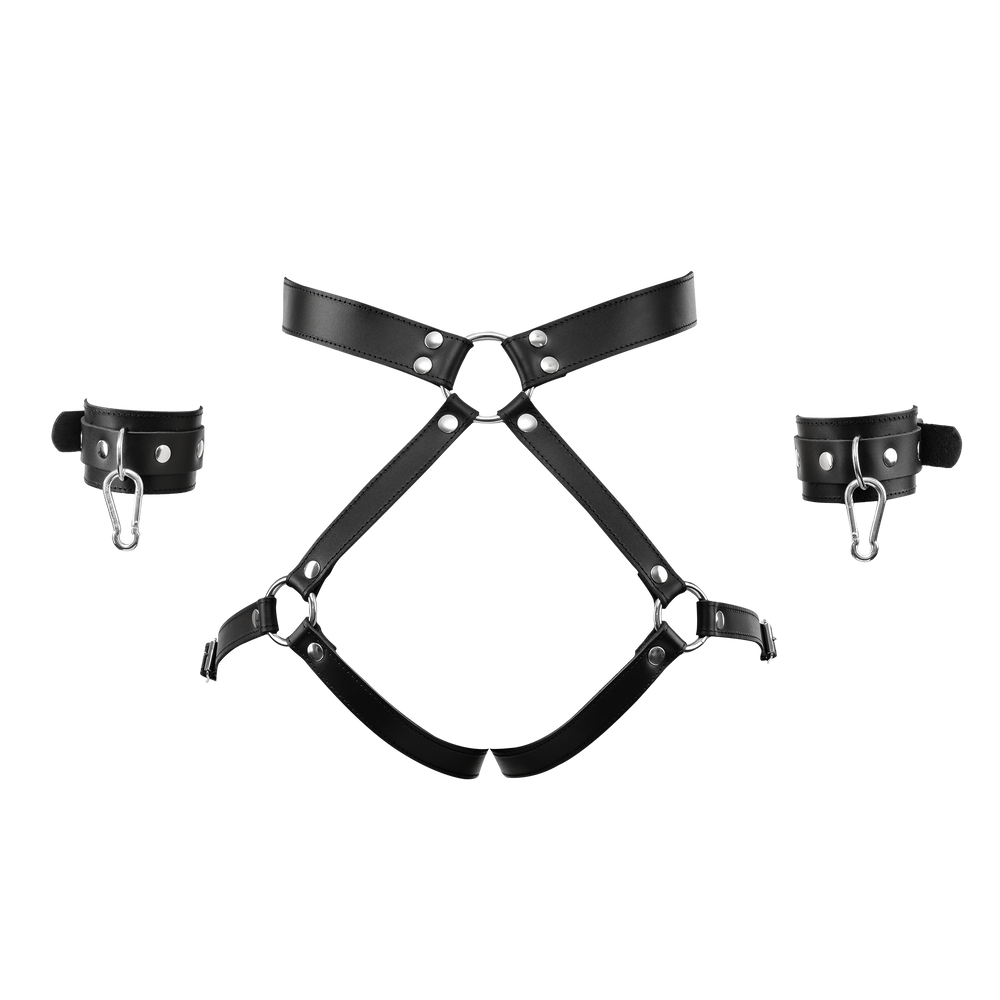 4: Rimba Bondage Play – Luxus-Leder-Bondage-Harness mit Fesseln – Schwarz
