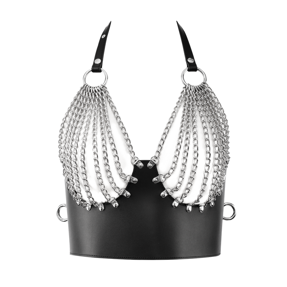 Rimba Bondage Play – Leder-Bustier mit Ketten – Schwarz & Silber