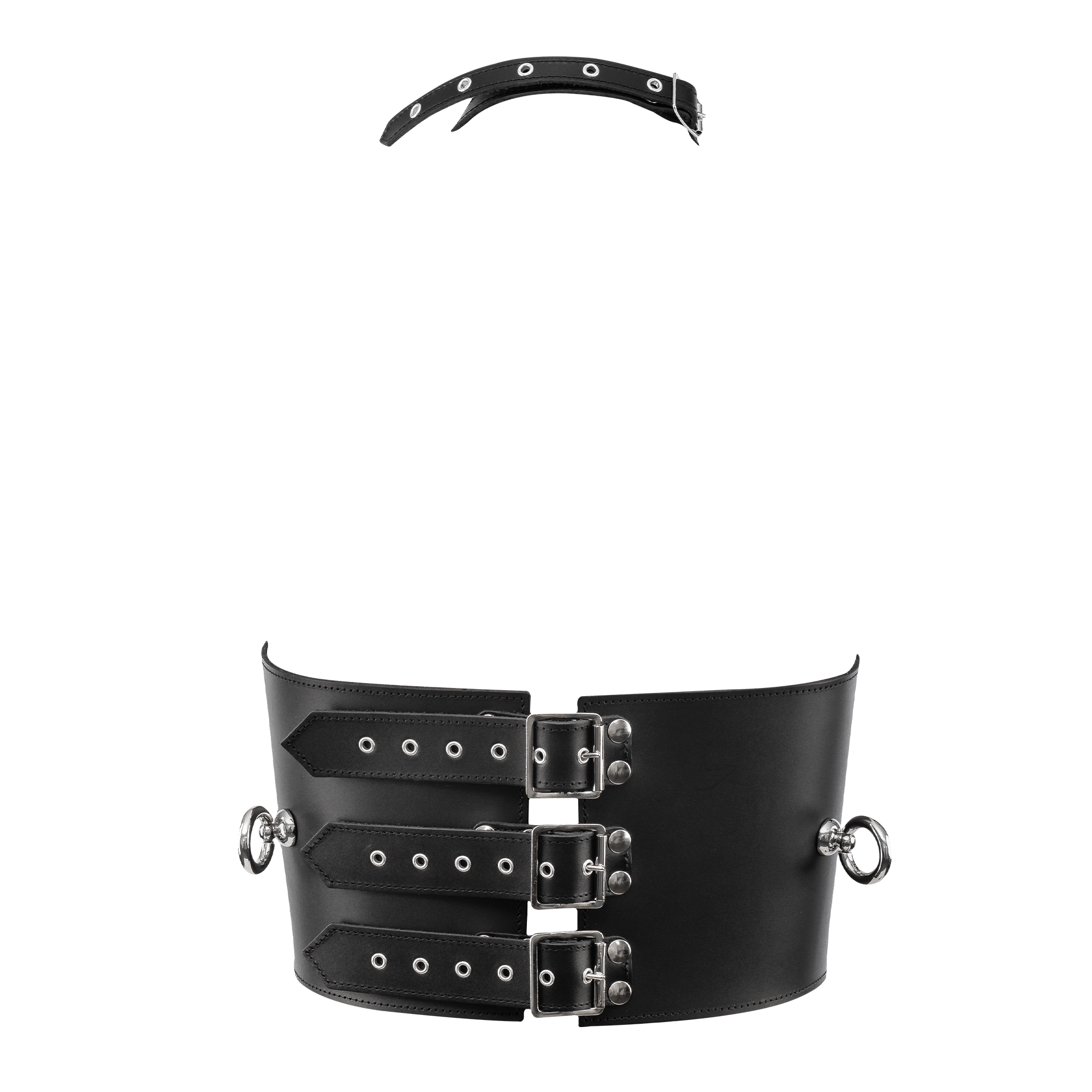 Rimba Bondage Play – Leder-Bustier mit Ketten – Schwarz & Silber