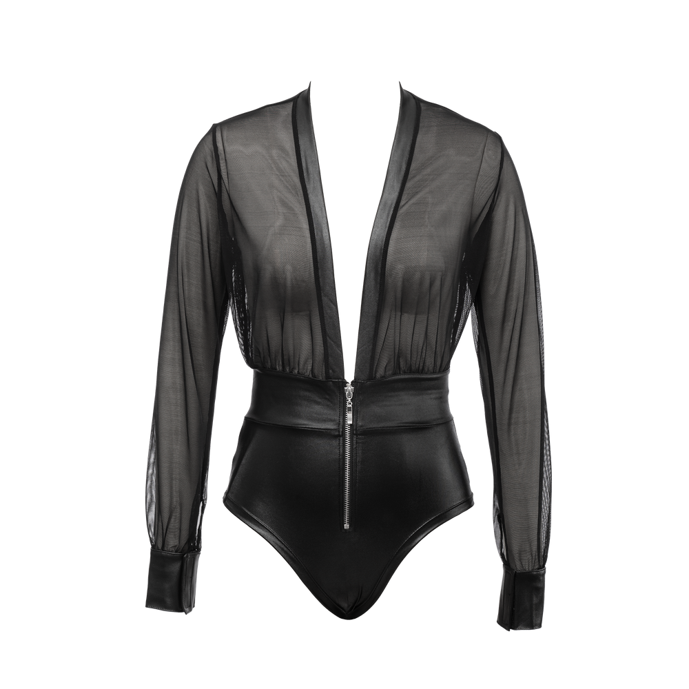 Amorable by Rimba – Sexy Wetlook-Body mit Reißverschluss – Schwarz, Silber